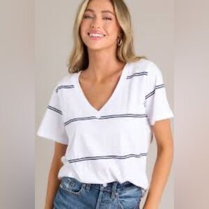Z Supply Girlfriend Twin Striped V-Neck White Tee| Size Medium